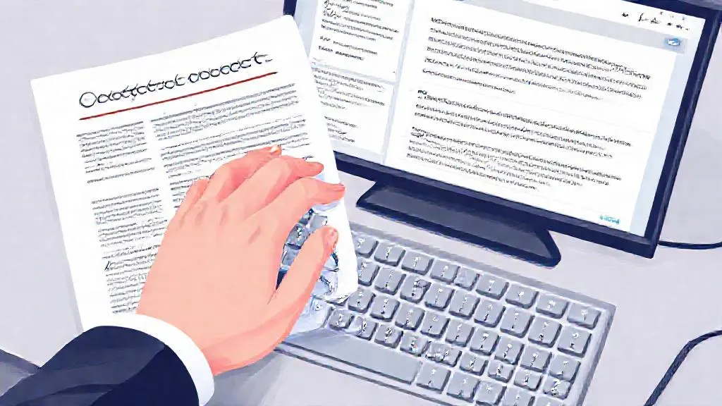 An analyst's hands typing a prompt to summarize an earnings call transcript, with a marked-up report next to the keyboard.