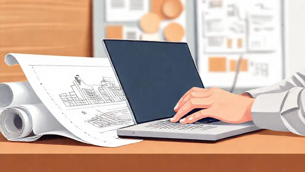 Architect's hands typing AI prompt next to a concept sketch and material samples.