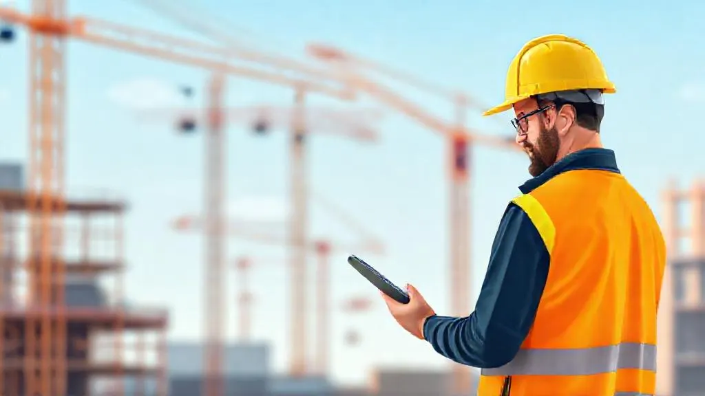A construction professional using a tablet on a building site to review AI-generated site report drafts.