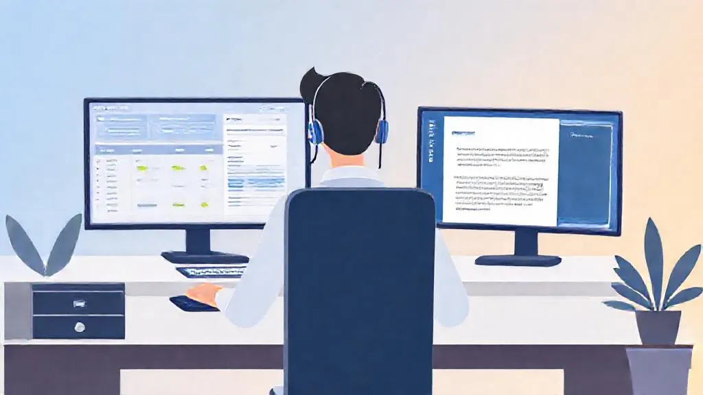 Agent reviewing an AI-generated draft reply on a dual-monitor support desk setup.