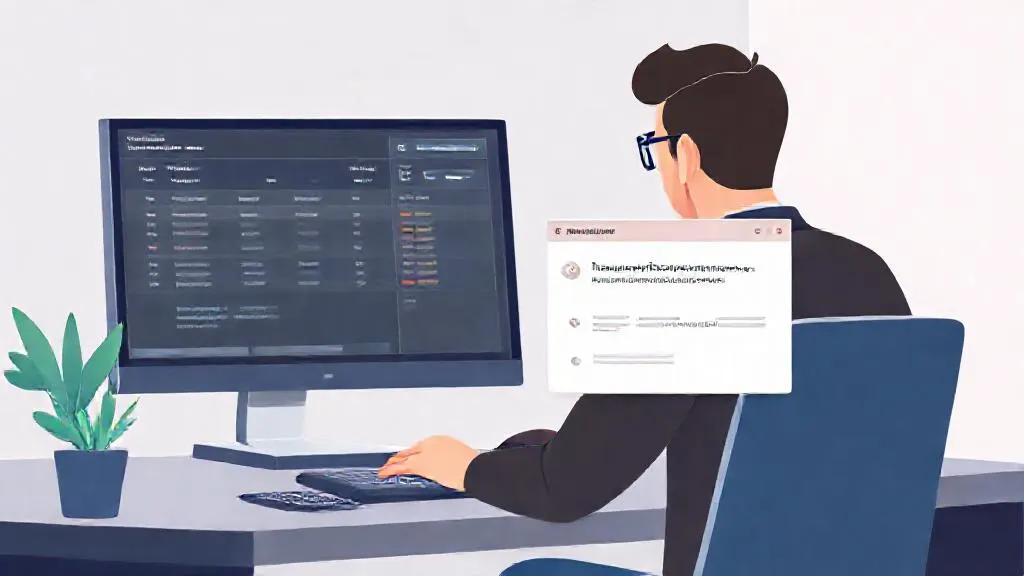 Cybersecurity analyst reviewing an AI-generated alert summary on a dual-monitor setup