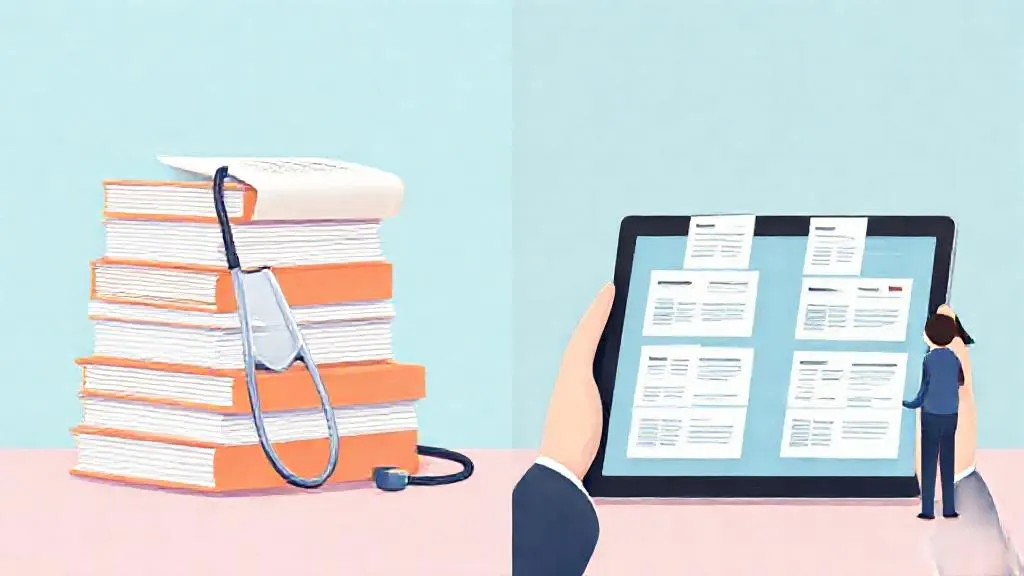 Traditional clinical notes beside an AI-assisted digital summary on a tablet