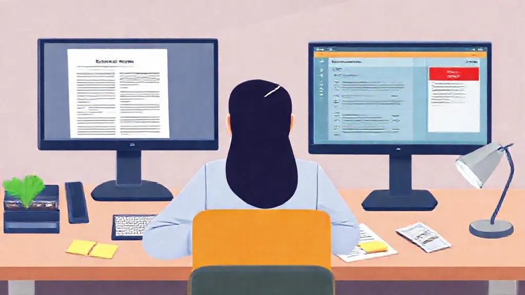 Policy officer comparing an AI-generated summary with original consultation documents on a dual-screen desk setup.