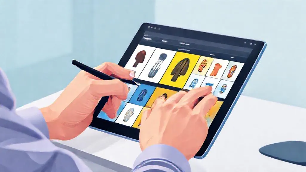 Designer's hands using a stylus to refine AI-batch-processed product images on a graphics tablet