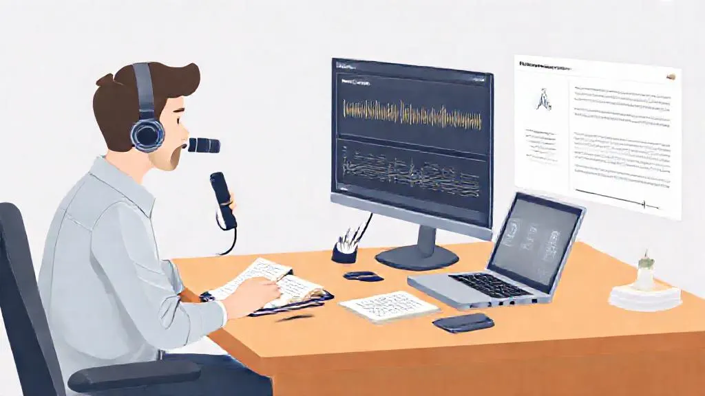 Journalist using AI to transcribe an interview while marking key quotes on a laptop.