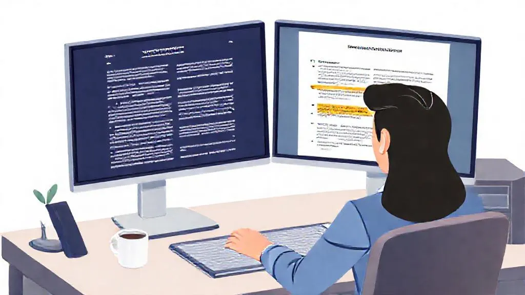 Procurement professional comparing an AI-generated contract summary with the original document on a dual-screen setup.