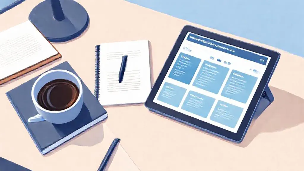 A tablet displaying an online AI course curriculum next to a notebook and coffee.