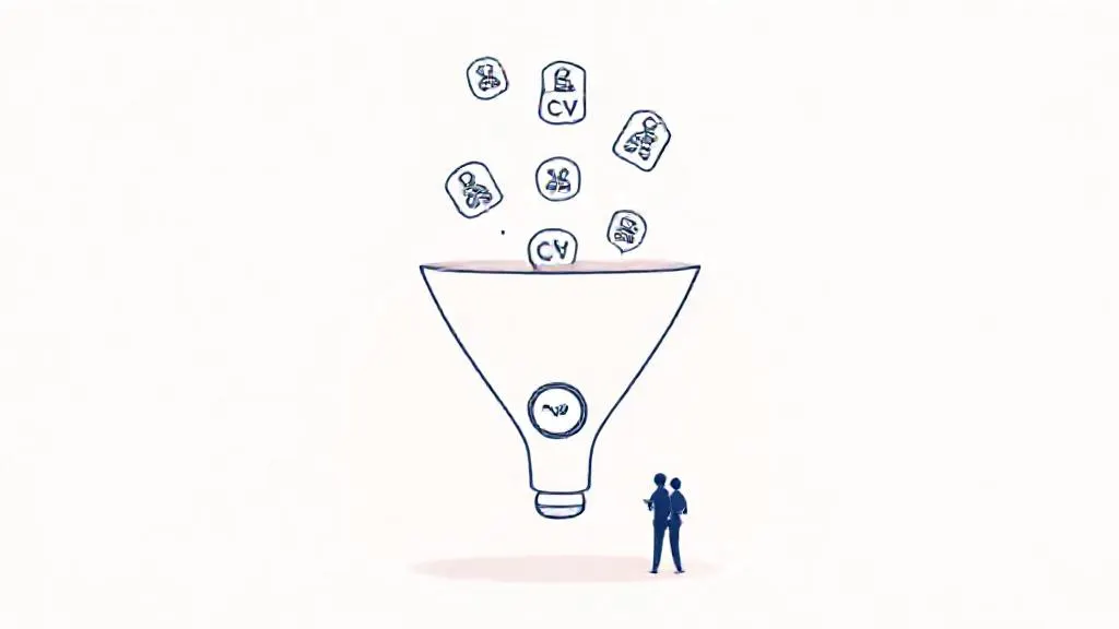 Illustration of a candidate screening funnel with a magnifying glass inspecting one CV.