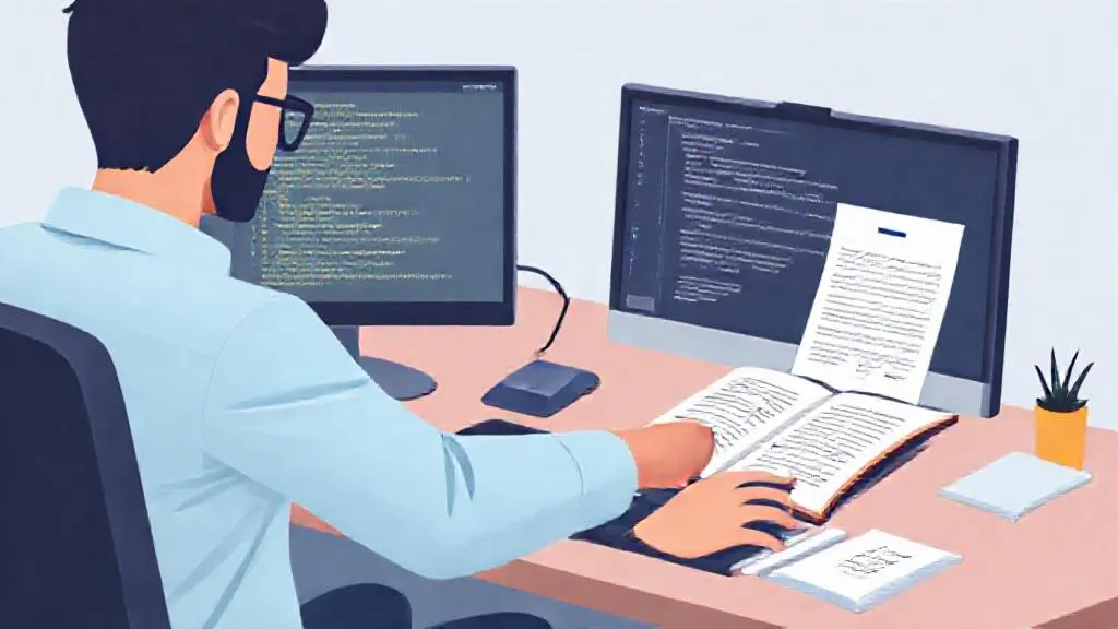 Researcher comparing code on one screen with a paper on another