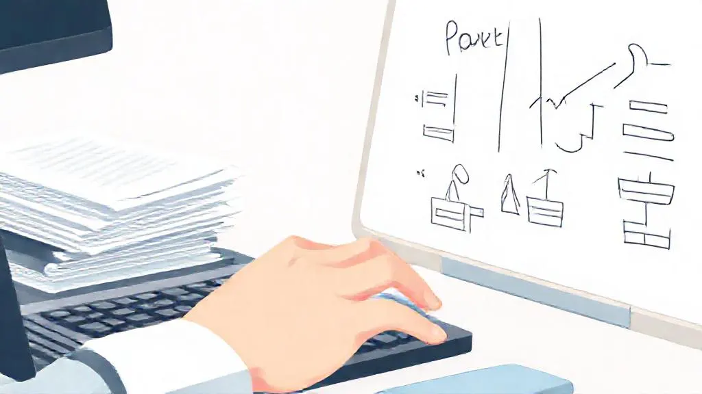 Researcher typing while surrounded by papers and an experimental design on a whiteboard