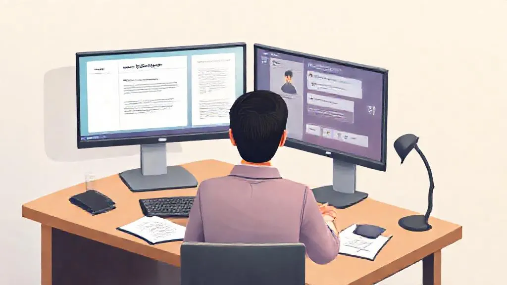 Lecturer using an AI tool alongside a course outline on a dual-screen desk setup