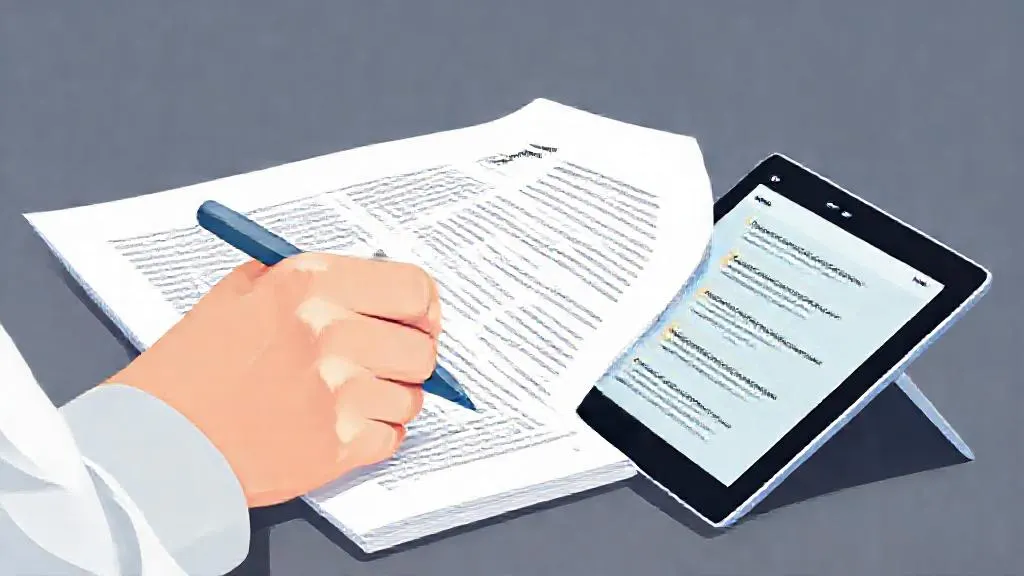 Hands marking a research paper while an AI-suggested literature review sits on a tablet