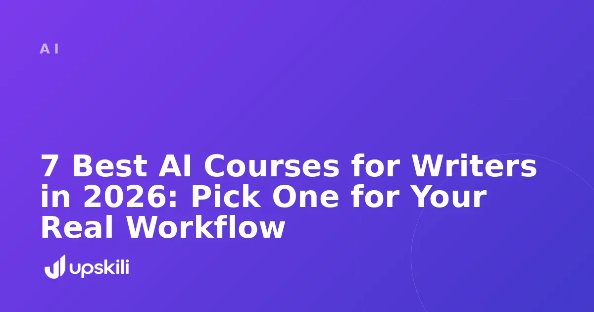 Title card reading "7 Best AI Courses for Writers in 2026: Pick One for Your Real Workflow"