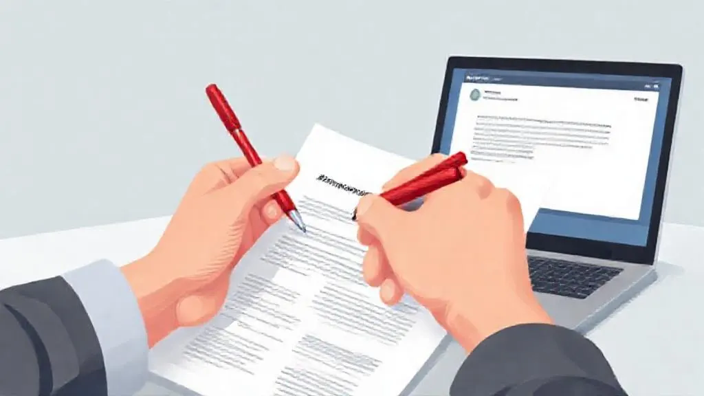 Architect reviewing and editing an AI-drafted document with a red pen