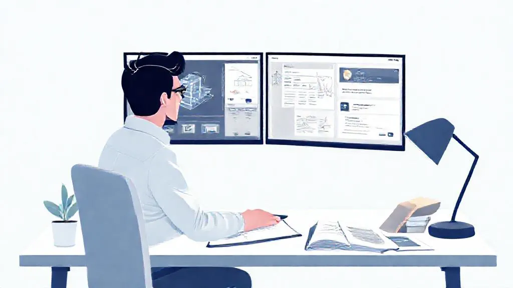 Architect working with a design model on one screen and an AI writing assistant on the other
