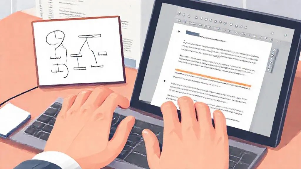 Analyst reviewing an AI-generated business case draft against handwritten notes
