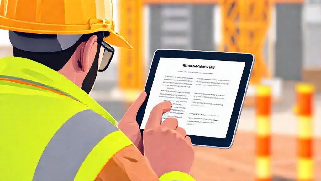 A construction supervisor reviewing an AI-generated safety briefing on a tablet at a building site.