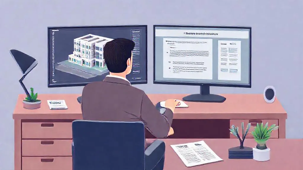 A construction professional using a generative AI tool to draft an RFI response while referencing a building model on another screen.