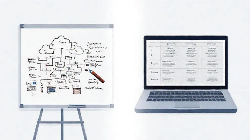 Threat model whiteboard sketch next to an AI-generated risk table on a laptop