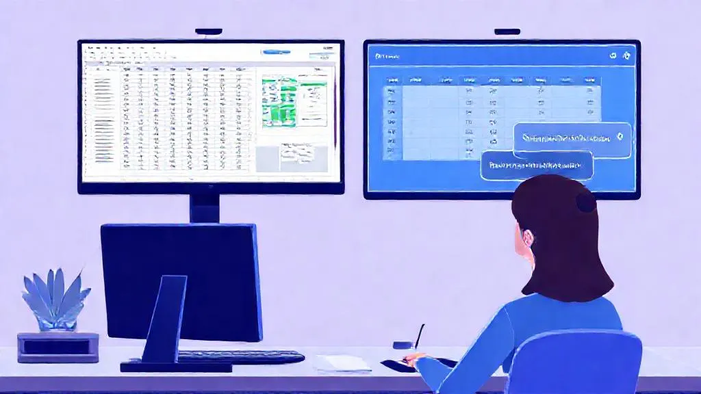 Data analyst using a generative AI tool to clean a messy dataset on a dual-monitor setup.