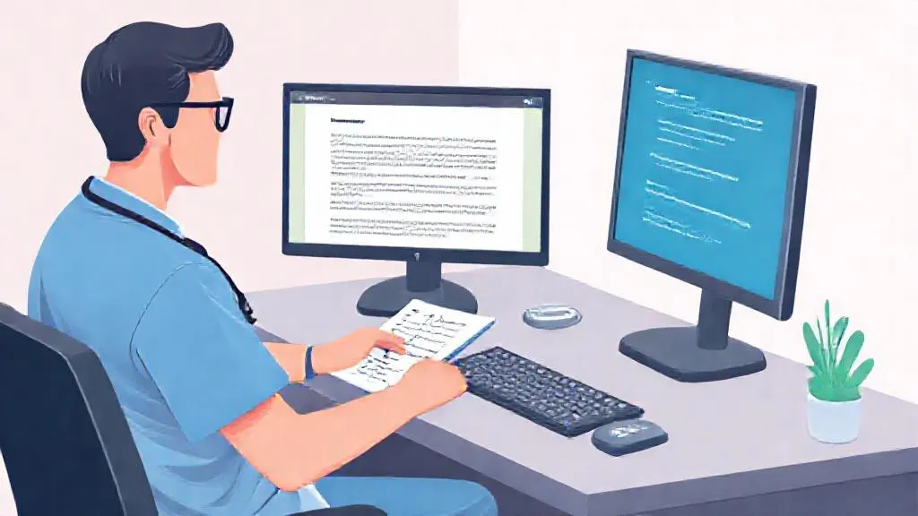 Doctor reviewing an AI-drafted referral letter on a clinic computer screen.