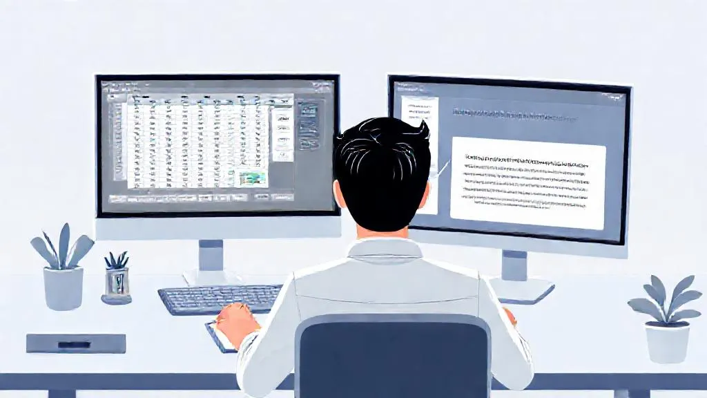 Financial analyst reviewing AI-generated variance commentary alongside a spreadsheet model