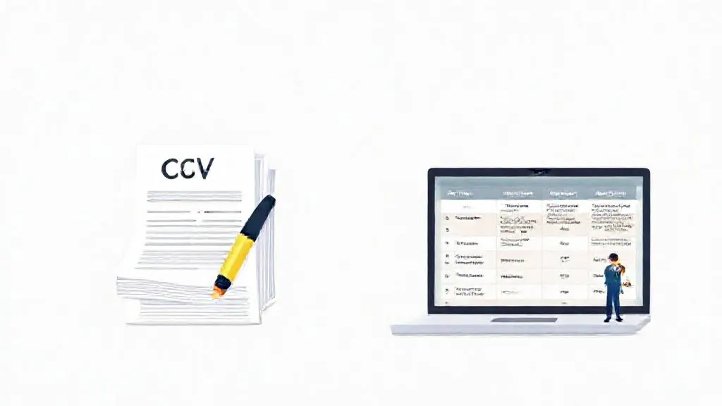 A comparison between manual CV screening with a highlighter and an AI-generated summary on a laptop.