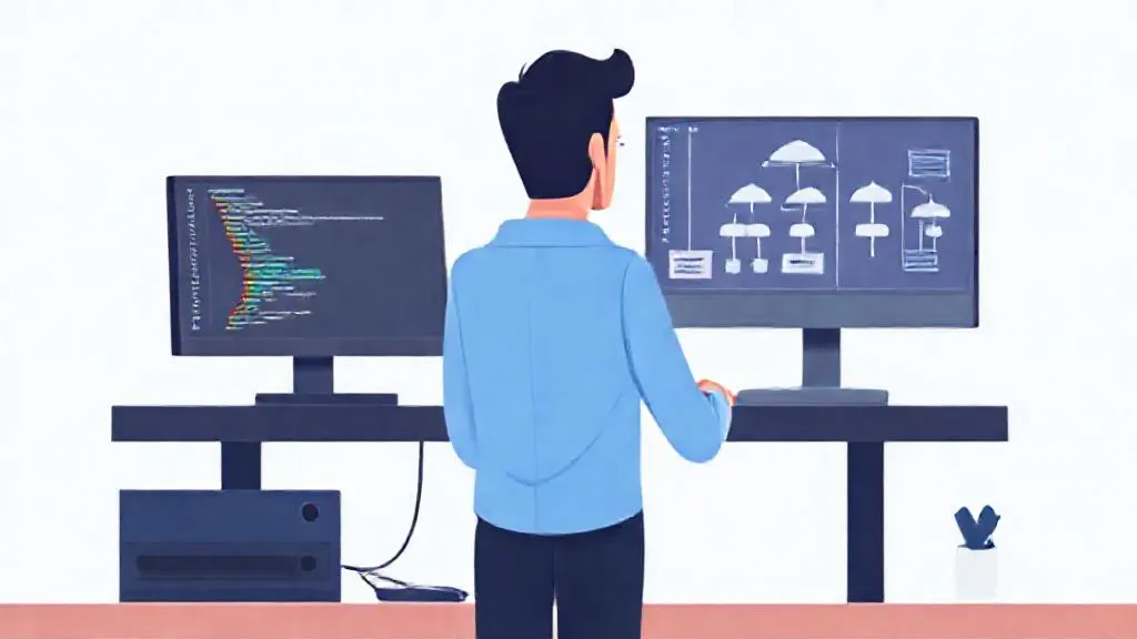 An IT professional using an AI coding assistant while referencing a cloud architecture diagram.
