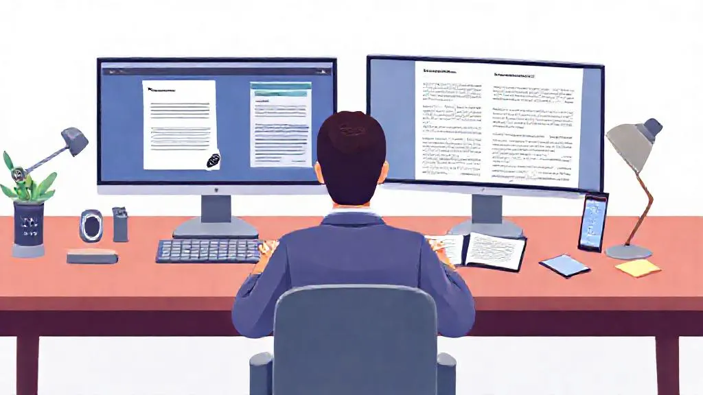 Journalist using an AI tool to assist with research while drafting an article on a second screen.