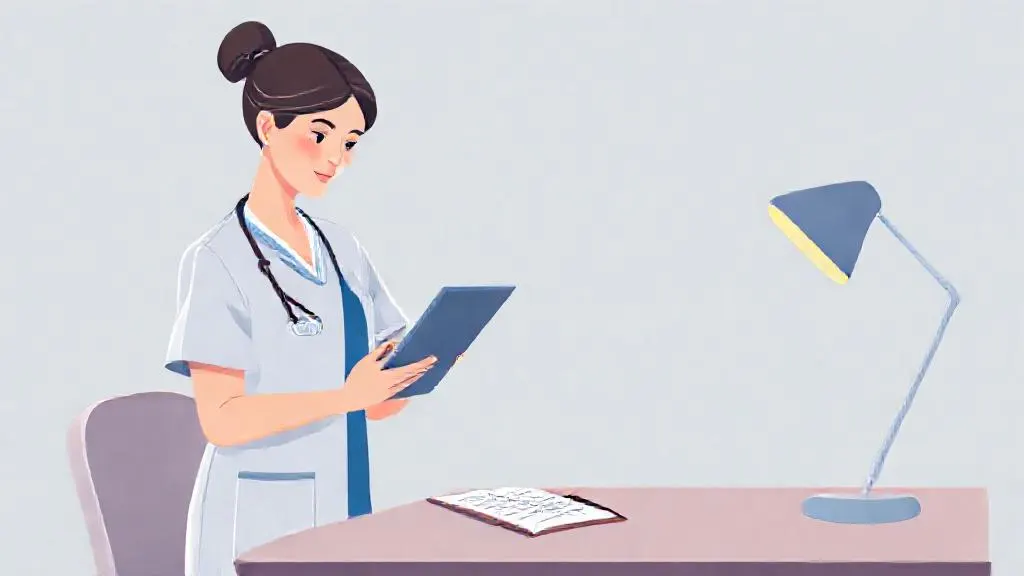 Nurse reviewing an AI-generated draft on a tablet with clinical notes nearby