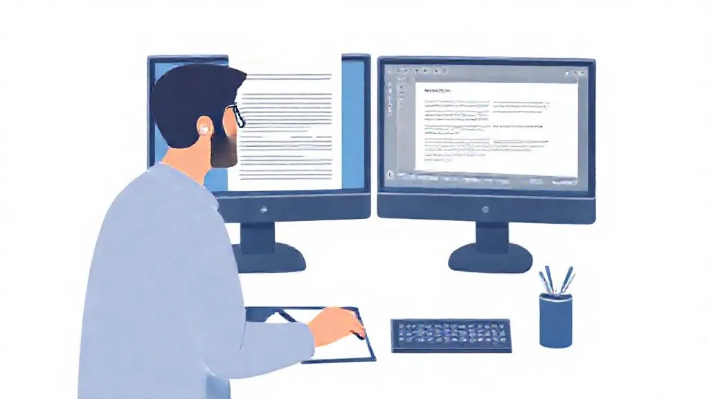 Researcher using AI to summarise a paper on one screen while drafting text on another.