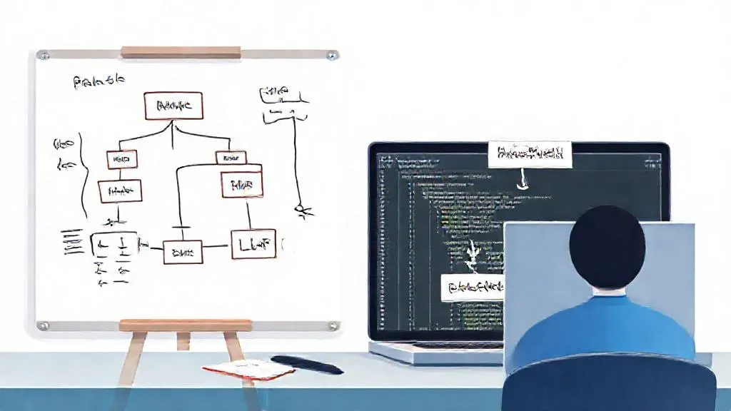 Developer drafting system design with AI assistance on a whiteboard and laptop
