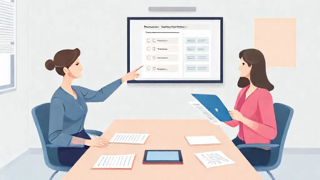 Colleagues discussing an AI-generated quiz and rubric in a staff room