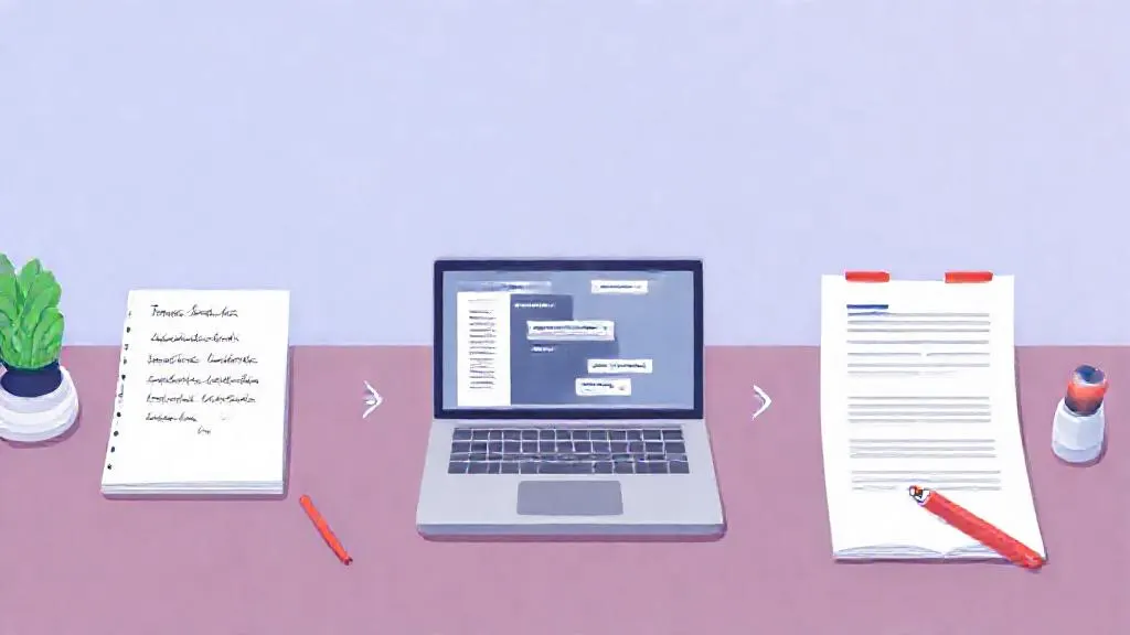 A learning path visualized as three phases on a desk: foundations, hands-on practice with AI, and final human review.