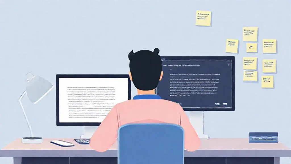 A writer working with a generative AI tool on a second screen while editing a draft on the primary monitor.