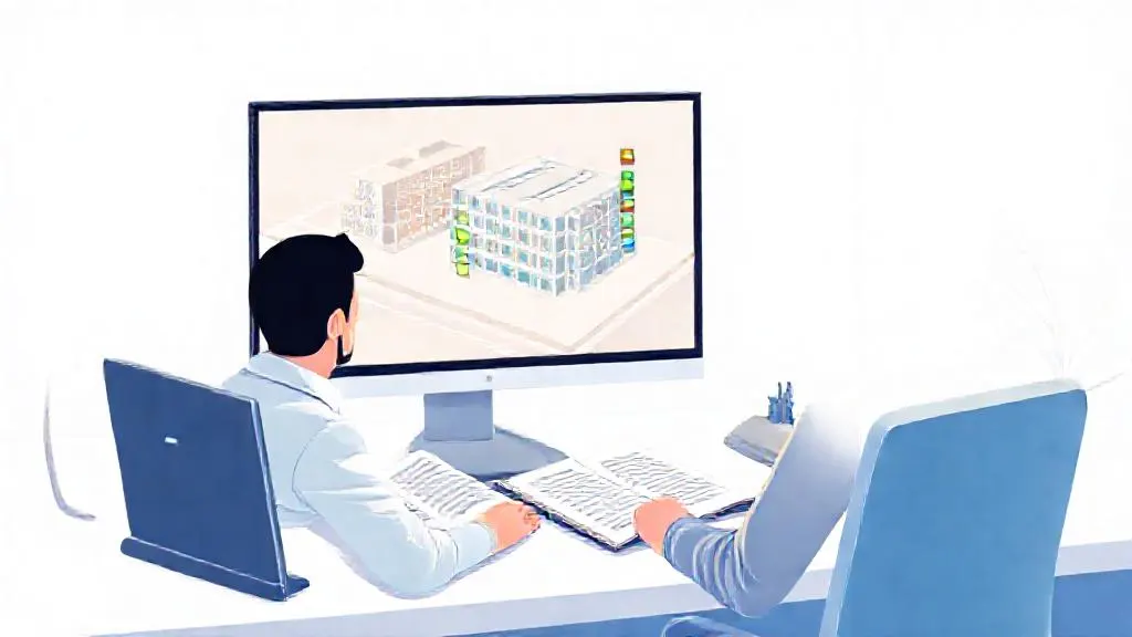 Architect reviewing an ML-generated code compliance overlay on a building model
