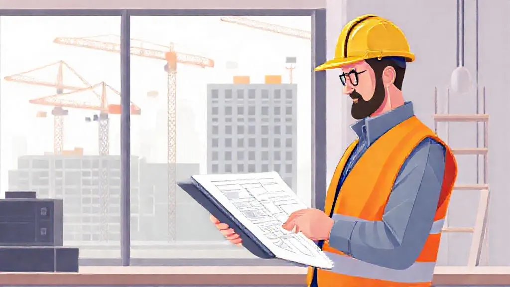 Site manager reviewing digital construction plans on a tablet in a site office.