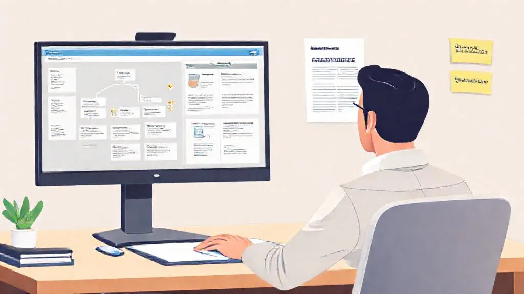 Consultant reviewing an AI-assisted issue tree and presentation draft on her monitors.