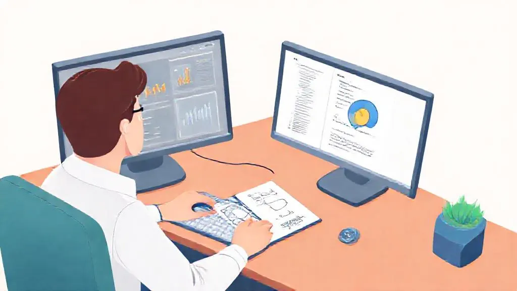 Data analyst comparing a dashboard with a machine learning model output on a second screen