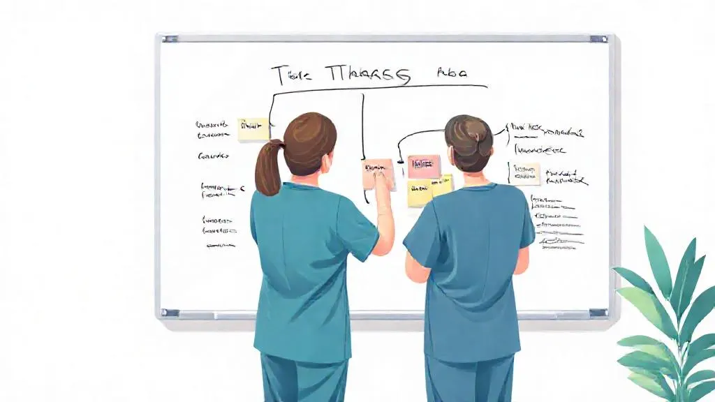 Clinicians mapping a triage workflow that includes a machine learning step on a whiteboard.