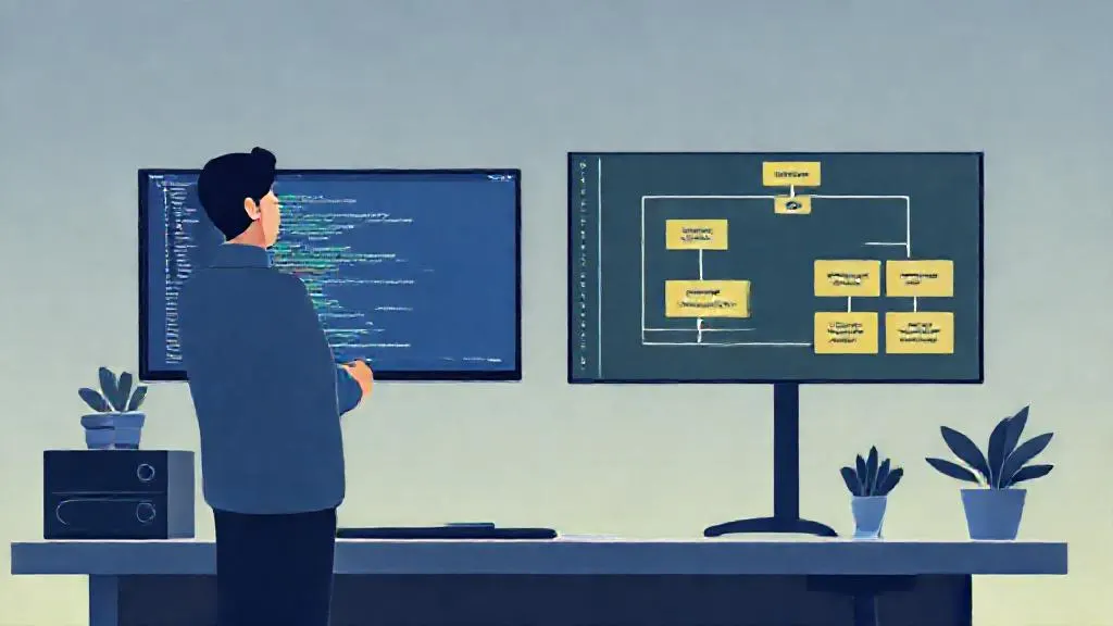 Engineer reviewing code and a machine learning system architecture diagram