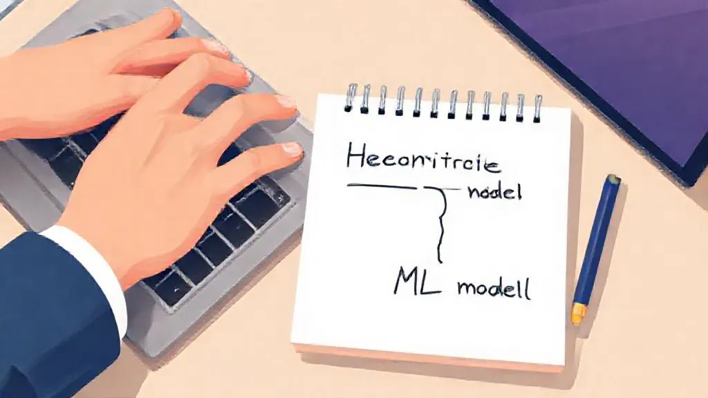 Hands on a keyboard next to a flowchart for a build vs. buy ML decision