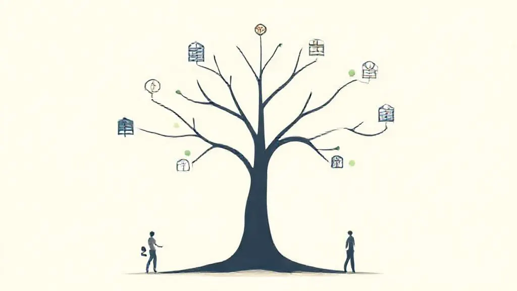 Conceptual decision tree mapping machine learning to financial decision points.