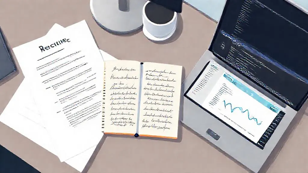 Resume, handwritten study notes, and a Jupyter notebook on a desk during job interview preparation