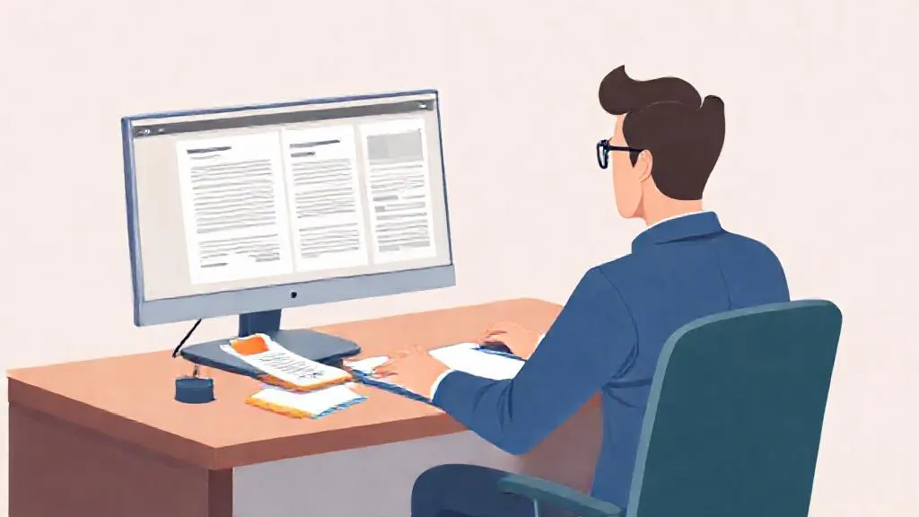 Journalist using machine learning to search a large document set on a dual-monitor setup.
