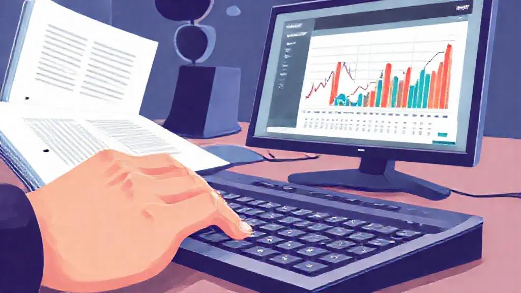 Reporter's hands typing, with notes and a data chart on screen, illustrating hands-on machine learning practice.