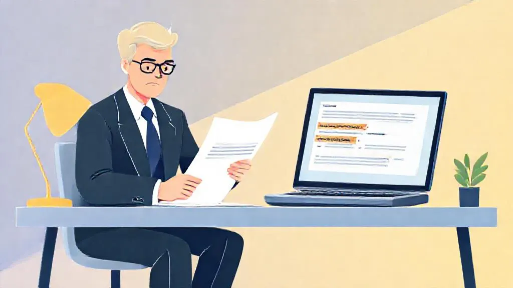 A lawyer comparing a printed contract with AI-flagged clauses on a laptop.