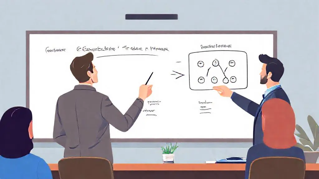Two marketing colleagues sketching a machine learning workflow for campaign targeting on a whiteboard