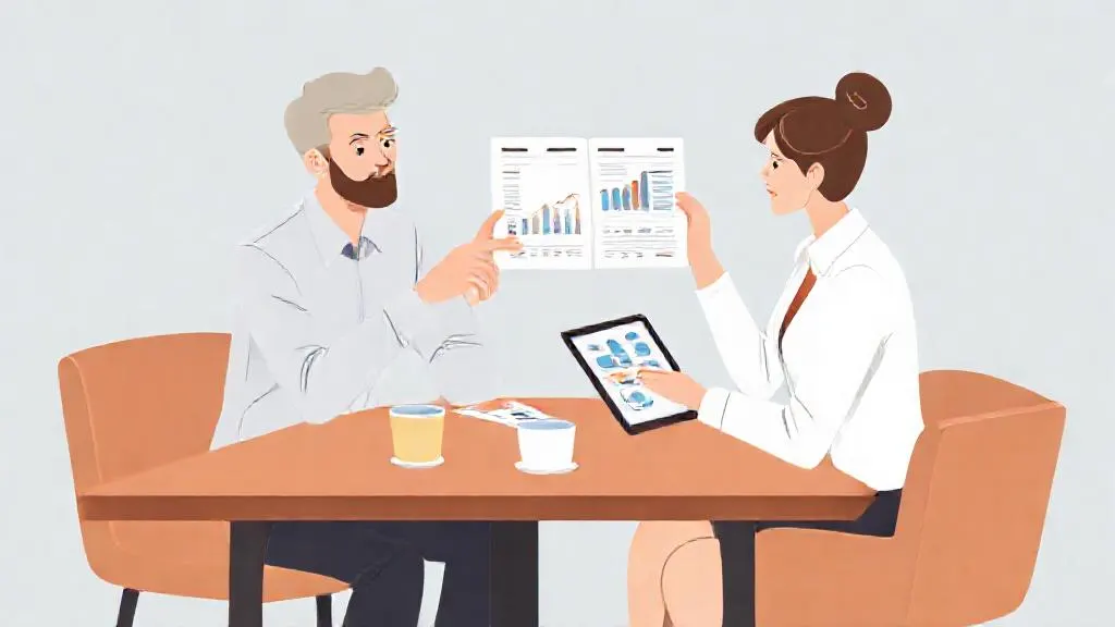 Two nonprofit staff discussing a data-driven impact report at a table