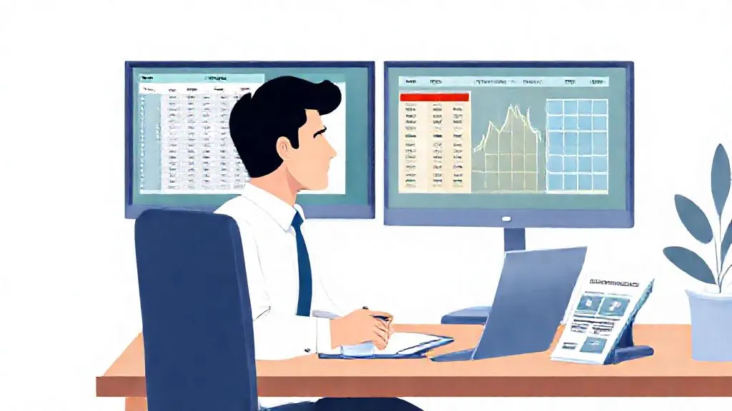 Real estate professional reviewing machine learning output alongside a rent roll on dual monitors.